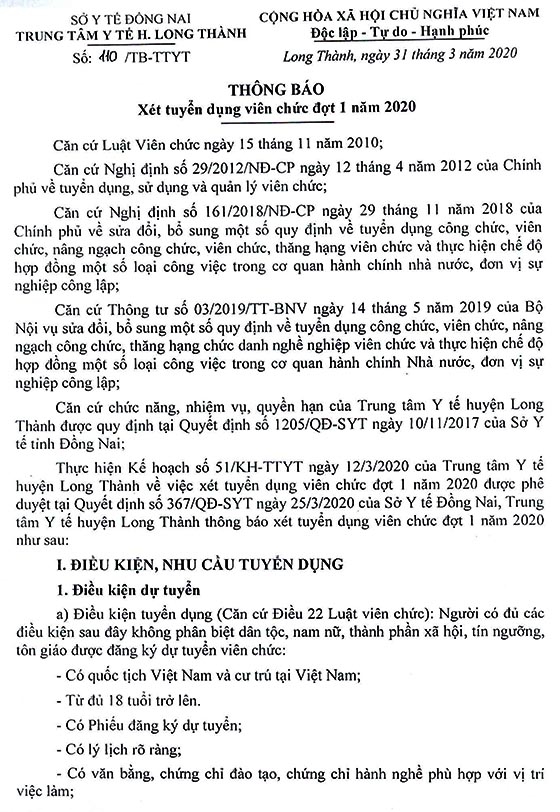 Trung tâm Y tế huyện Long Thành, Đồng Nai tuyển dụng viên chức đợt 1 năm 2020