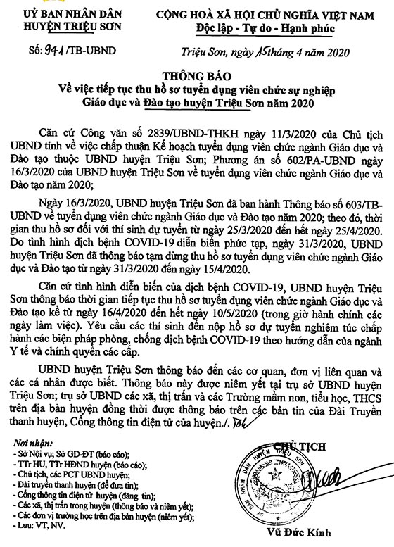 UBND huyện Triệu Sơn, Thanh Hóa tiếp tục thu hồ sơ tuyển dụng viên chức giáo dục năm 2020