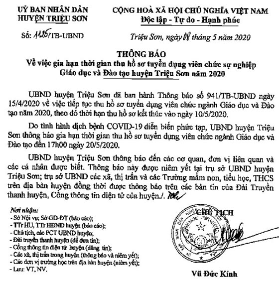 UBND huyện Triệu Sơn, Thanh Hóa gia hạn thời gian nhận hồ sơ tuyển dụng viên chức giáo dục năm 2020