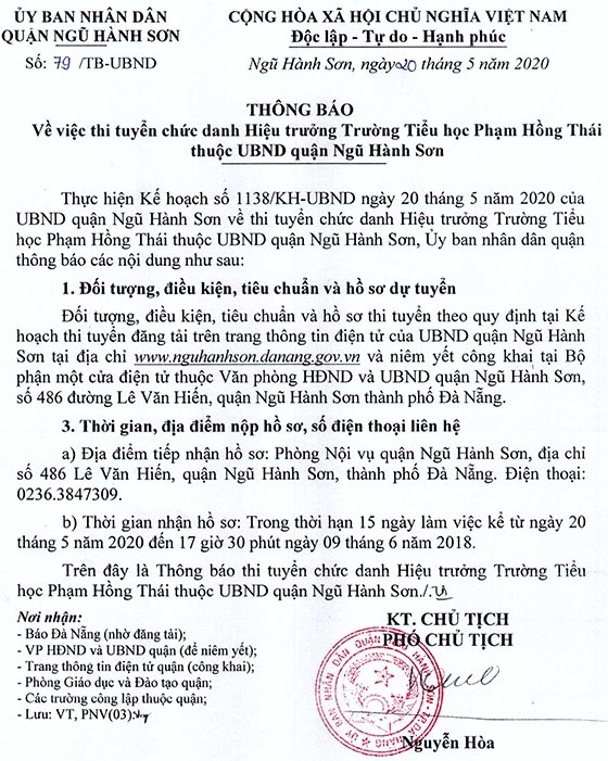 UBND quận Ngũ Hành Sơn, Đà Nẵng thi tuyển chức danh Hiệu trưởng năm 2020