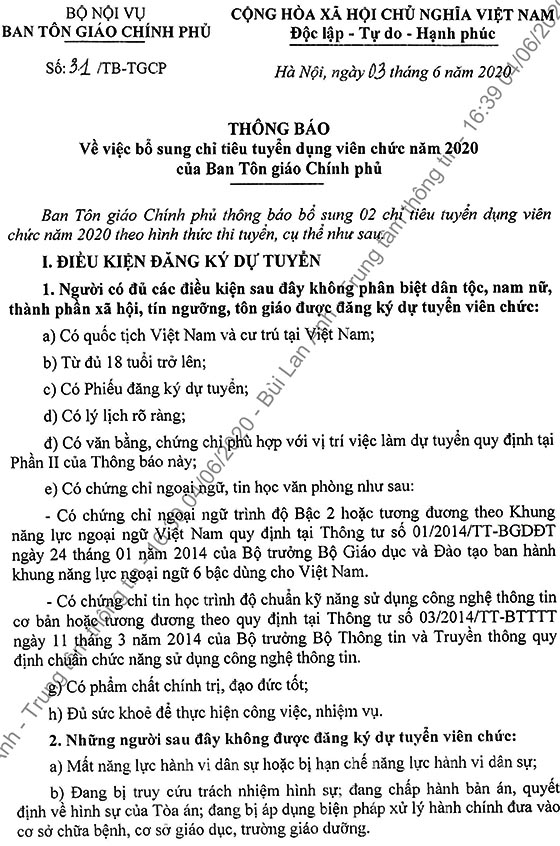 Ban Tôn giáo Chính phủ bổ sung chỉ tiêu tuyển dụng viên chức năm 2020