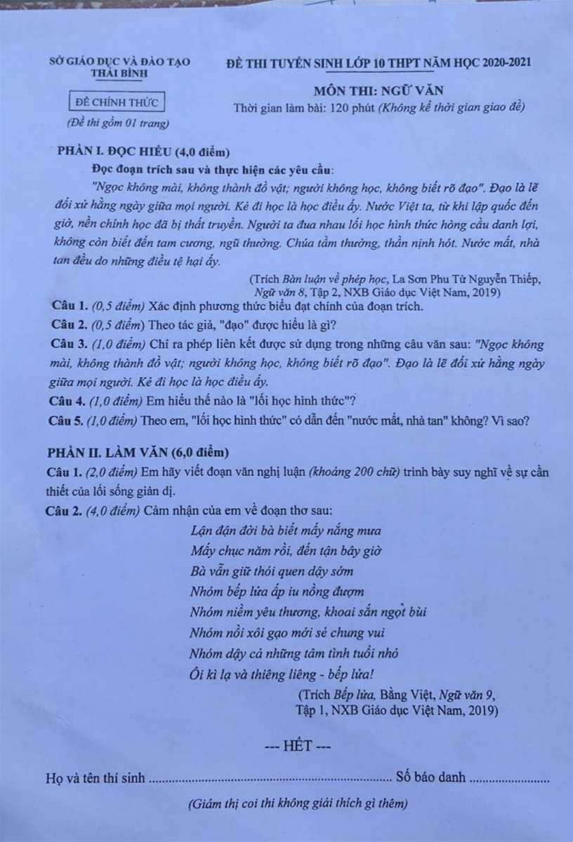 Thi vào lớp 10 tại Thái Bình: Đề Ngữ văn có tính giáo dục cao - Ảnh minh hoạ 2