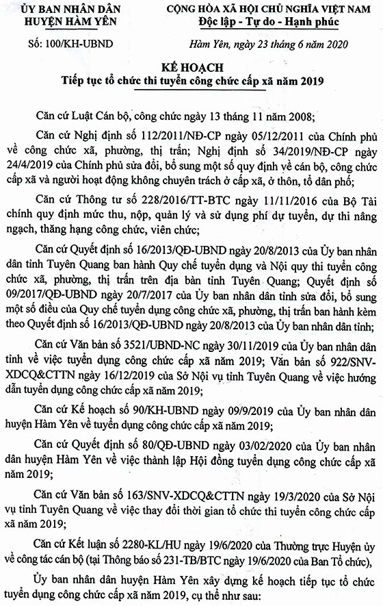 UBND huyện Hàm Yên, Tuyên Quang tuyển dụng công chức cấp xã năm 2020