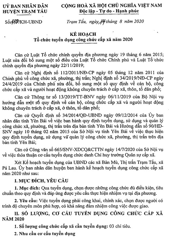 UBND huyện Trạm Tấu, Yên Bái tuyển dụng công chức cấp xã năm 2020