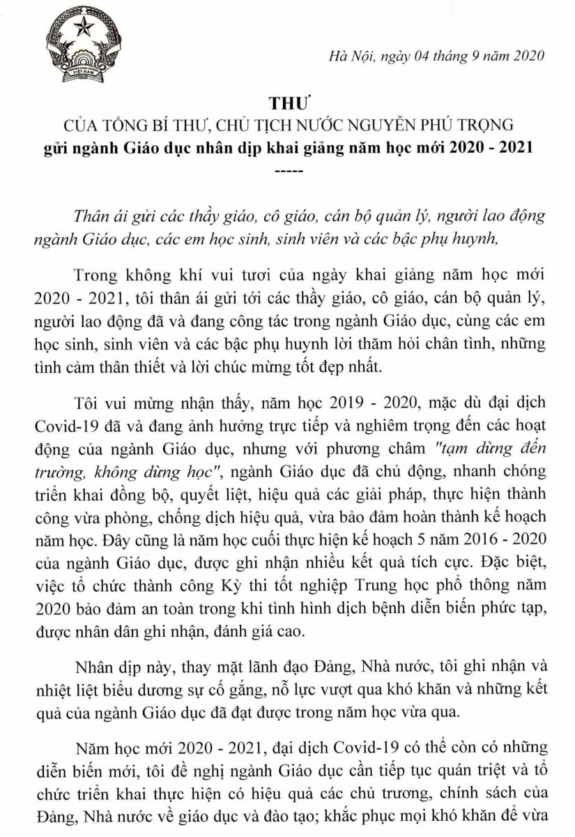 Tổng Bí thư, Chủ tịch nước Nguyễn Phú Trọng gửi thư cho ngành Giáo dục nhân dịp khai giảng năm học mới 2020-2021 - Ảnh minh hoạ 2