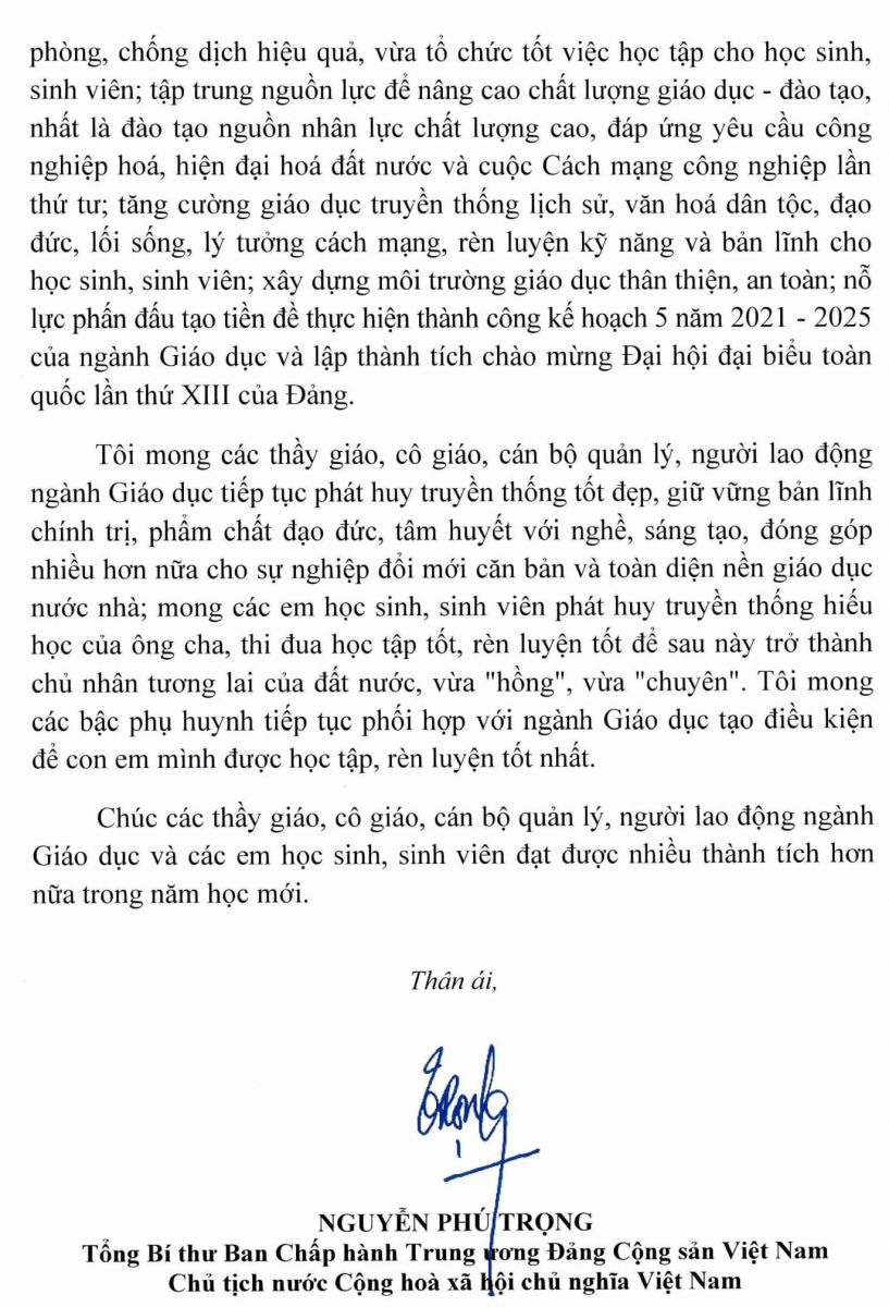 Tổng Bí thư, Chủ tịch nước Nguyễn Phú Trọng gửi thư cho ngành Giáo dục nhân dịp khai giảng năm học mới 2020-2021 - Ảnh minh hoạ 3