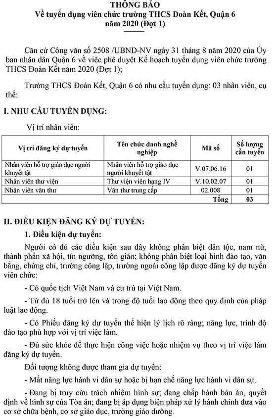 Trường THCS Đoàn Kết, Quận 6, TP.HCM tuyển dụng viên chức năm 2020 (Đợt 1)