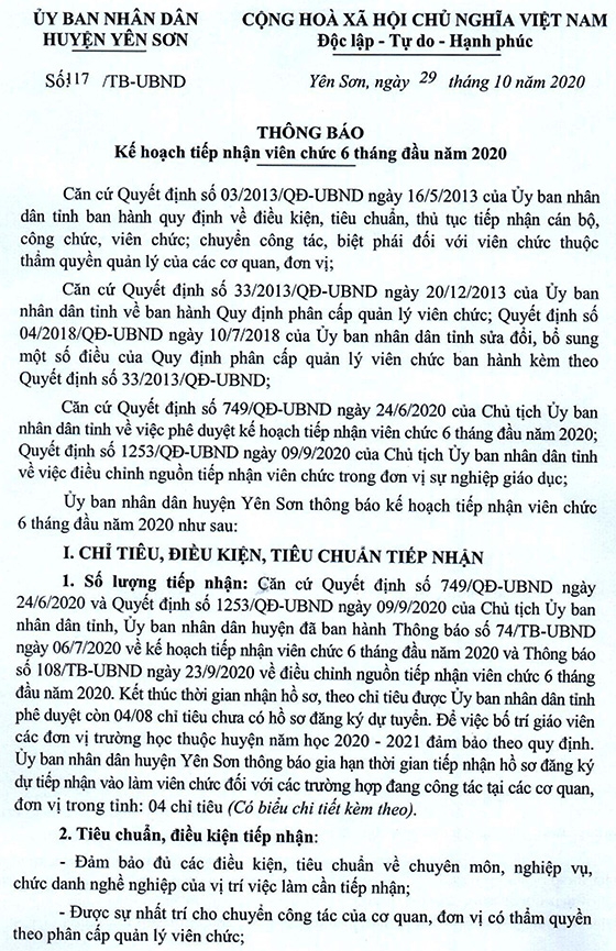 UBND huyện Yên Sơn, Tuyên Quang tuyển dụng viên chức năm 2020