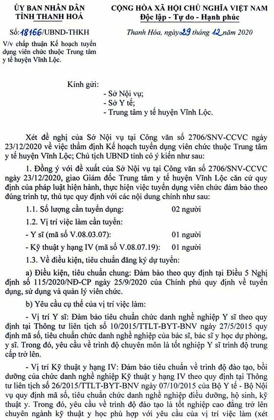 TTYT huyện Vĩnh Lộc, Thanh Hóa tuyển dụng viên chức y tế năm 2020