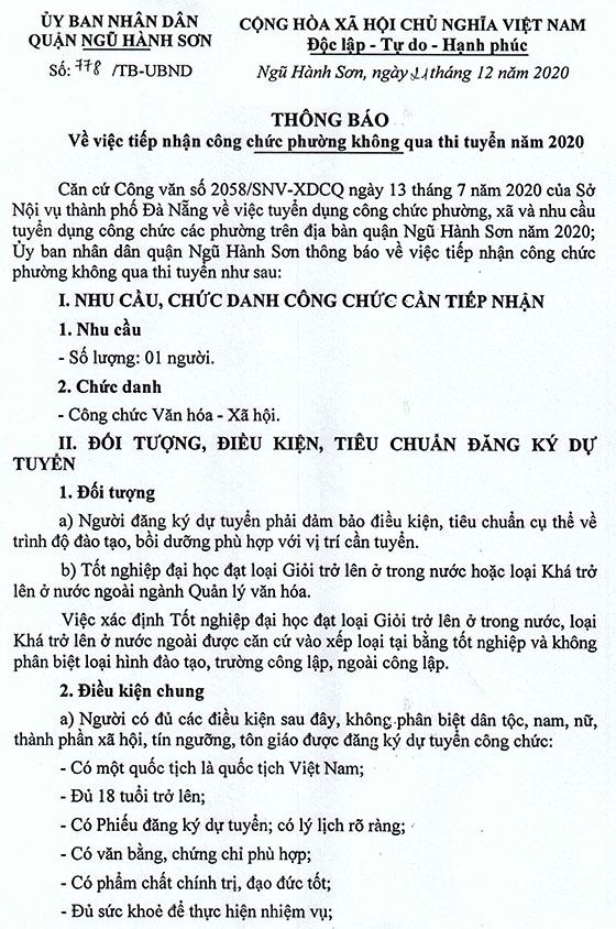 UBND quận Ngũ Hành Sơn, TP. Đà Nẵng tiếp nhận công chức cấp phường không qua thi tuyển năm 2020