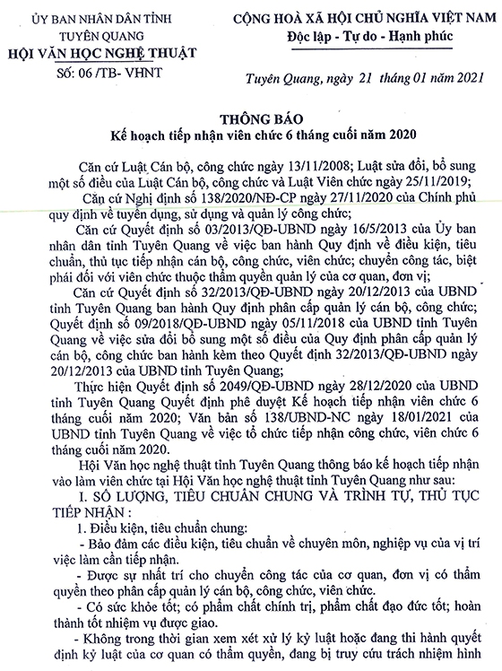 Hội Văn học Nghệ thuật tỉnh Tuyên Quang tiếp nhận viên chức 6 tháng cuối năm 2020