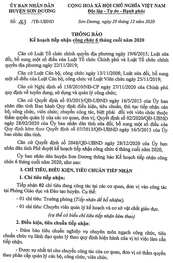 UBND huyện Sơn Dương, Tuyên Quang tiếp nhận công chức 6 tháng cuối năm 2020