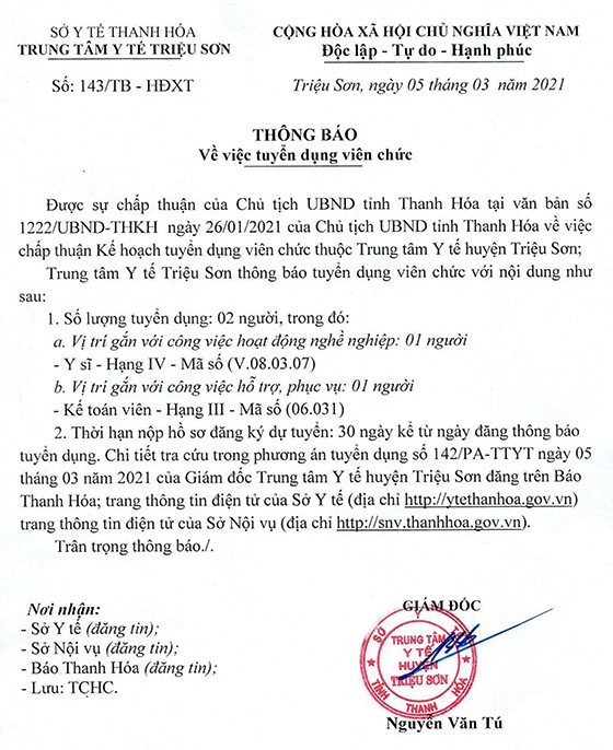 Trung tâm Y tế huyện Triệu Sơn, Thanh Hóa tuyển dụng viên chức năm 2021