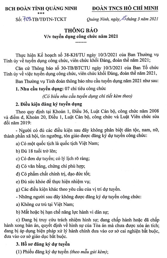 Ban Thường vụ Tỉnh đoàn Quảng Ninh tuyển dụng năm 2021