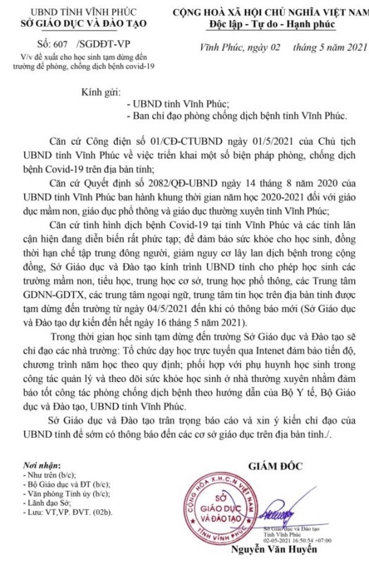 Vĩnh Phúc: Đề xuất tạm dừng đến trường 2 tuần để phòng dịch - Ảnh minh hoạ 2