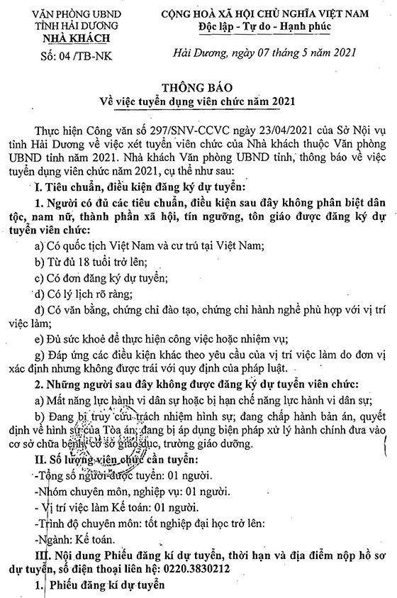 Nhà khách thuộc VP UBND tỉnh Hải Dương tuyển dụng viên chức năm 2021