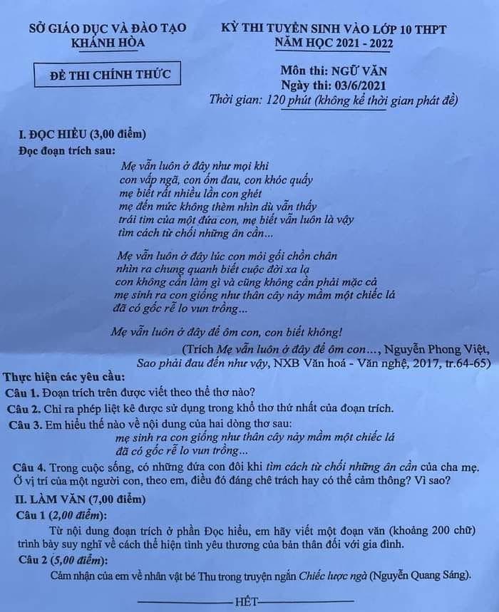 Khánh Hoà: “Mẹ vẫn luôn ở quanh đây để ôm con” vào đề thi Ngữ văn lớp 10 - Ảnh minh hoạ 2