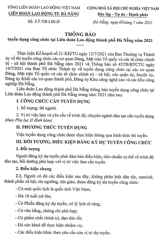 Liên đoàn Lao động thành phố Đà Nẵng tuyển dụng công chức năm 2021