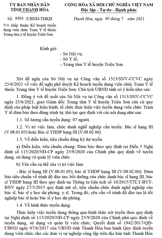 UBND tỉnh Thanh Hóa phê duyệt Kế hoạch tuyển dụng viên chức Trung tâm Y tế huyện Triệu Sơn năm 2021