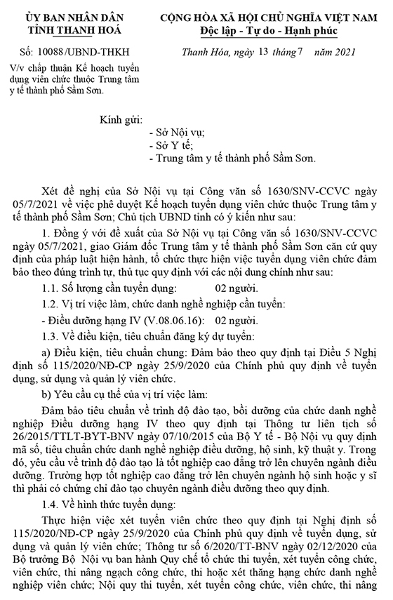 UBND tỉnh Thanh Hóa chấp thuận Kế hoạch tuyển dụng viên chức TTYT TP. Sầm Sơn năm 2021