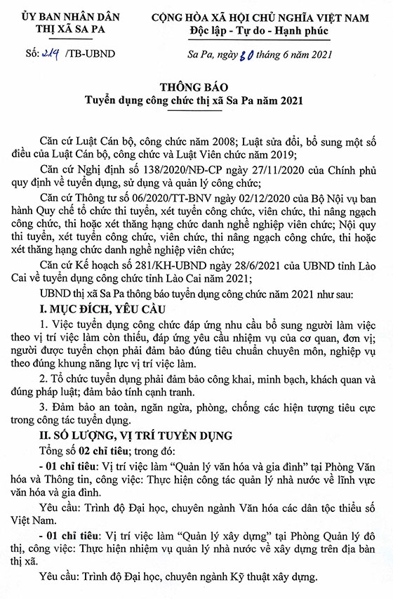 UBND thị xã Sa Pa, Lào Cai tuyển dụng công chức năm 2021