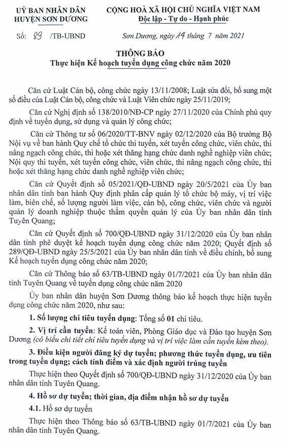 UBND huyện Sơn Dương, Tuyên Quang ban hành Kế hoạch tuyển dụng công chức năm 2021