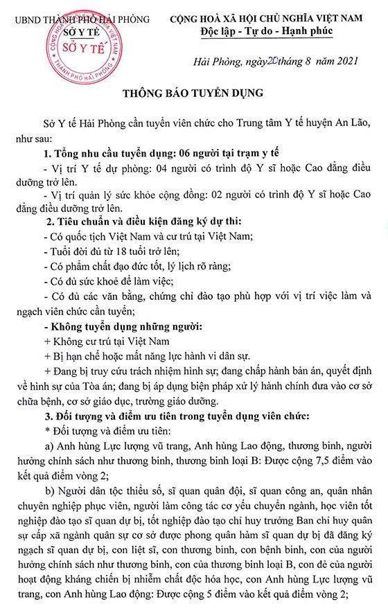TTYT huyện An Lão, Hải Phòng tuyển dụng viên chức năm 2021
