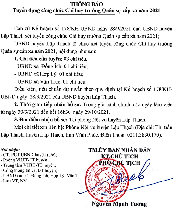 UBND huyện Lập Thạch, Vĩnh Phúc tuyển dụng Chỉ huy trưởng Quân sự cấp xã năm 2021