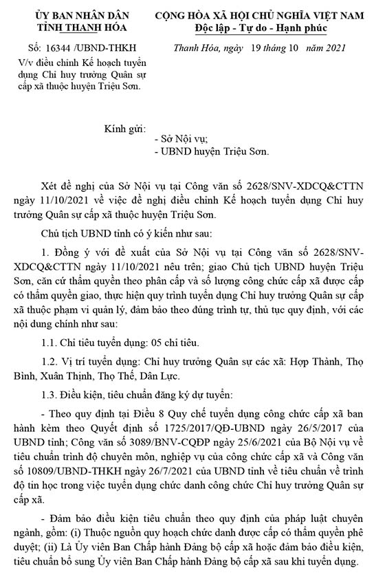 UBND tỉnh Thanh Hóa ban hành Kế hoạch tuyển dụng Chỉ huy trưởng Quân sự cấp xã thuộc huyện Triệu Sơn