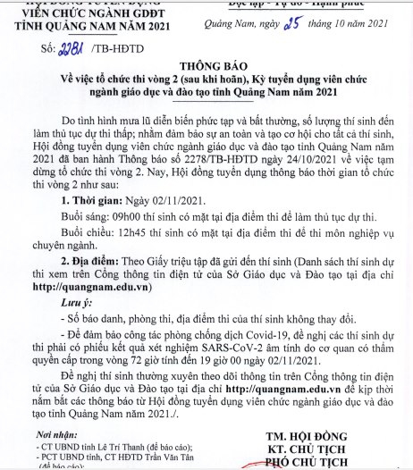 Quảng Nam: Bất ngờ hoãn do mưa bão, thi tuyển viên chức giáo dục vòng 2 lùi đến 2/11