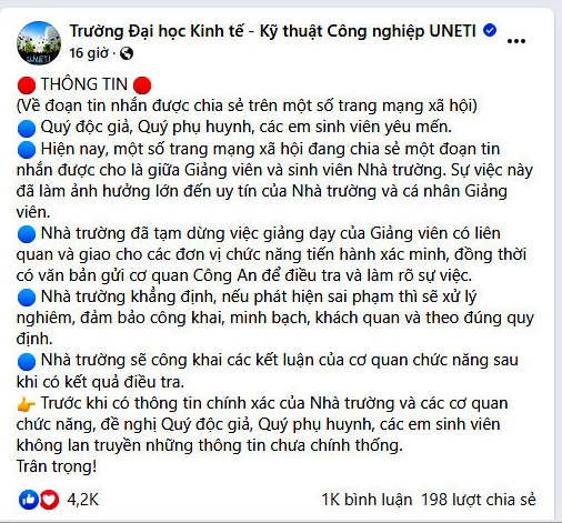 Vụ "tin nhắn nhạy cảm với nữ sinh": Nhà trường phủ nhận rà soát sinh viên