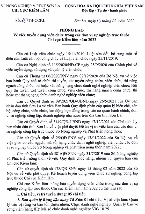 Chi cục Kiểm lâm – Sở NN&PTNT Sơn La tuyển dụng viên chức năm 2022