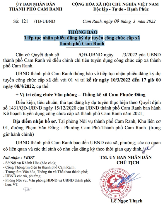 UBND TP.Cam Ranh, Khánh Hòa tiếp tục nhận phiếu đăng ký tuyển dụng công chức cấp xã năm 2022