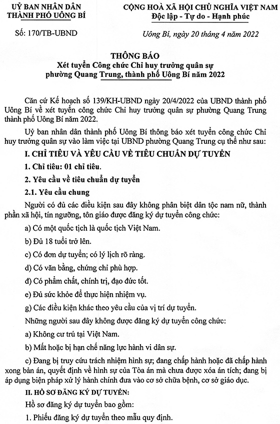 UBND Thành phố Uông Bí, Quảng Ninh xét tuyển công chức Chỉ huy trưởng Quân sự phường Quang Trung năm 2022