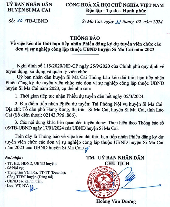 UBND huyện Si Ma Cai, Lào Cai gia hạn thời gian tiếp nhận hồ sơ viên chức năm 2023