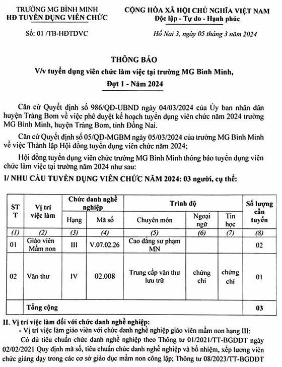 Trường MG Bình Minh, Trảng Bom, Đồng Nai tuyển dụng viên chức đợt 1 năm 2024