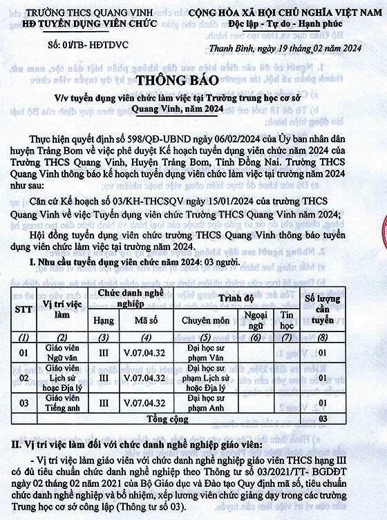 Trường THCS Quang Vinh, Trảng Bom, Đồng Nai tuyển dụng viên chức năm 2024