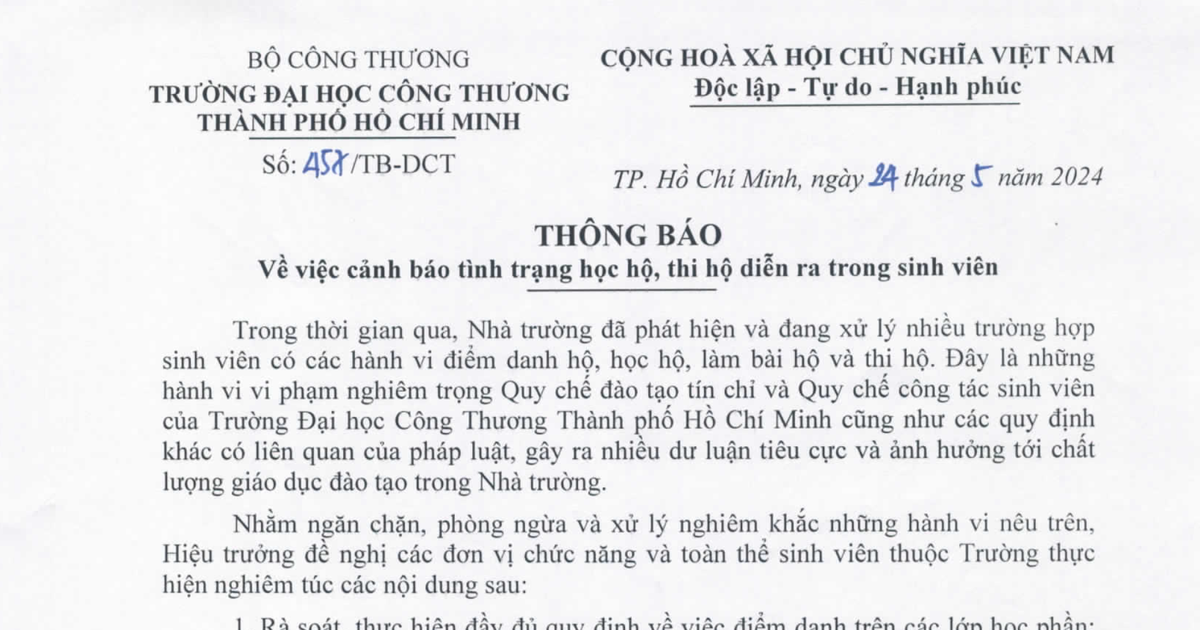 Trường ĐH Công Thương TPHCM cảnh báo tình trạng học hộ, thi hộ