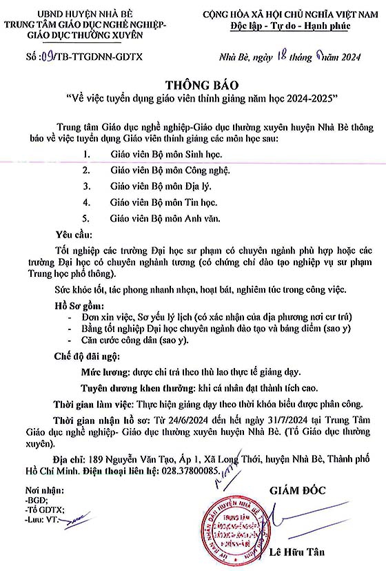 Trung tâm GDNN-GDTX huyện Nhà Bè, TP. HCM tuyển dụng giáo viên thỉnh giảng năm học 2024-2025